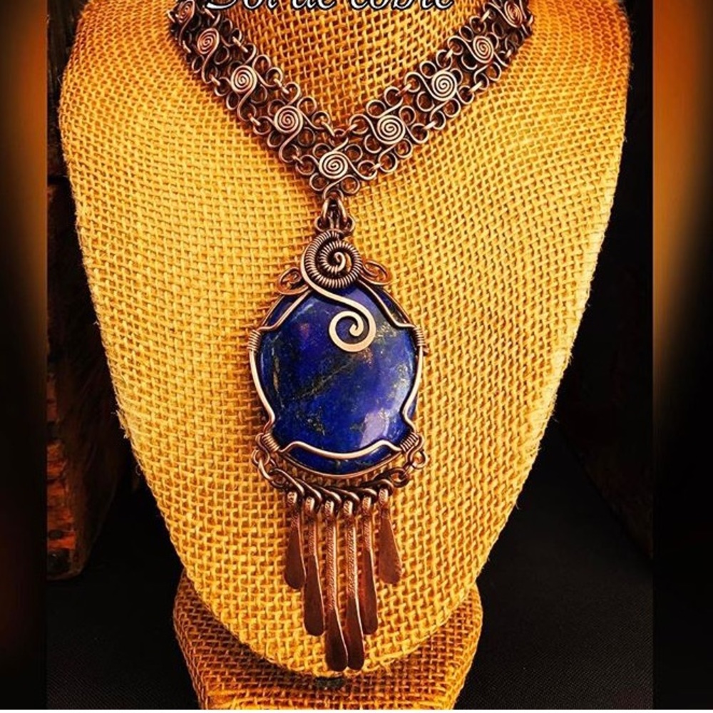 Large Lapis Lazuli stone, copper necklace. Handmade, spirals,copper tassels.